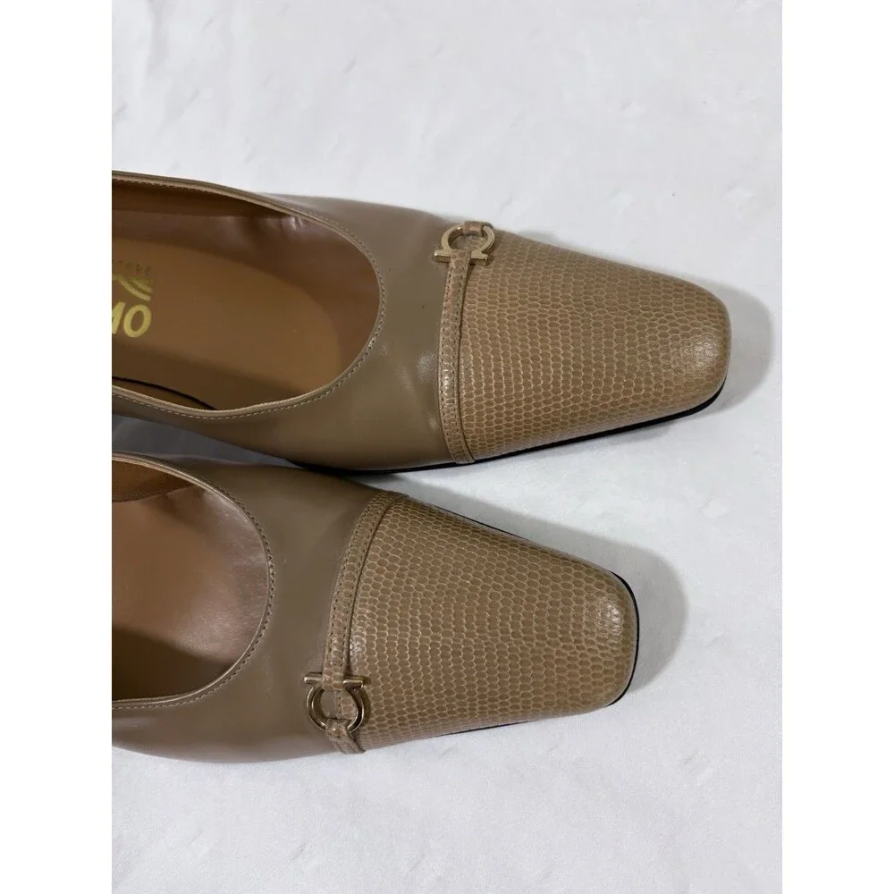 Vintage Salvatore Ferragamo Lizard Cap Toe Kitten Heels Taupe Beige Size 10 4A